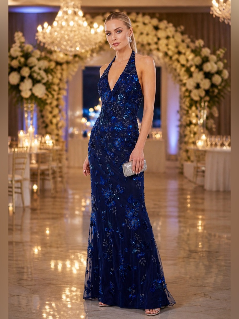 Mac Duggal FLORAL EMBELLISHED HALTER GOWN NWT style 5484